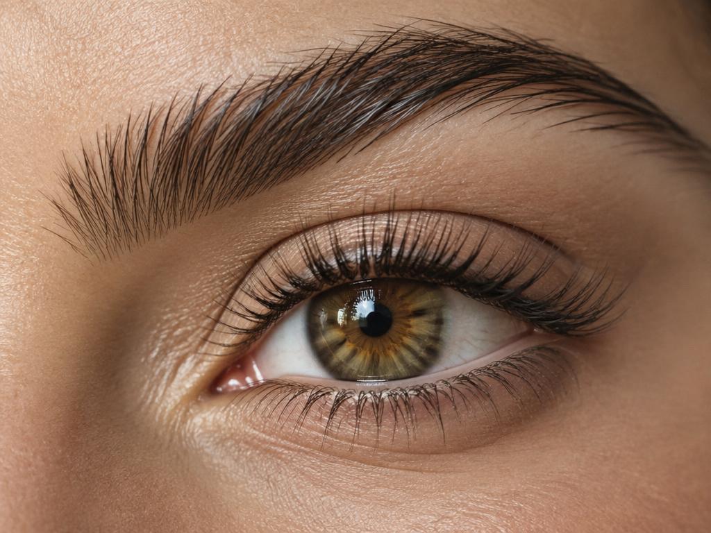 Softly lifted lashes around a hazel eye